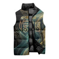 Amun Ancient Egyptian Sleeveless Puffer Jacket with Mystical Smoke Swirl Pattern, Fiery Ram Head, and Hieroglyphic - Wonder Print Shop
