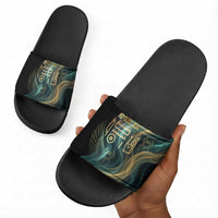 Amun Ancient Egyptian Slide Sandals with Mystical Smoke Swirl Pattern, Fiery Ram Head, and Hieroglyphic - Wonder Print Shop