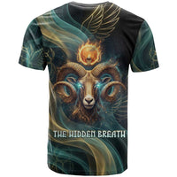 Amun Ancient Egyptian T shirt with Mystical Smoke Swirl Pattern, Fiery Ram Head, and Hieroglyphic - Wonder Print Shop