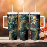 Amun Ancient Egyptian Tumbler With Handle with Mystical Smoke Swirl Pattern, Fiery Ram Head, and Hieroglyphic - Wonder Print Shop