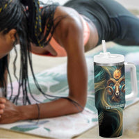 Amun Ancient Egyptian Tumbler With Handle with Mystical Smoke Swirl Pattern, Fiery Ram Head, and Hieroglyphic - Wonder Print Shop