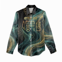 Amun Ancient Egyptian Women Casual Shirt with Mystical Smoke Swirl Pattern, Fiery Ram Head, and Hieroglyphic - Wonder Print Shop