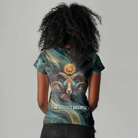 Amun Ancient Egyptian Women V-Neck T-Shirt with Mystical Smoke Swirl Pattern, Fiery Ram Head, and Hieroglyphic - Wonder Print Shop