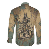 Anubis Long Sleeve Button Shirt Ancient Egyptian Aged Papyrus, Scales of Justice, and Egyptian Hieroglyph - Wonder Print Shop