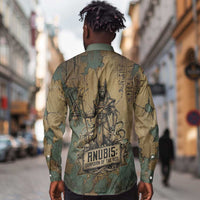 Anubis Long Sleeve Button Shirt Ancient Egyptian Aged Papyrus, Scales of Justice, and Egyptian Hieroglyph - Wonder Print Shop