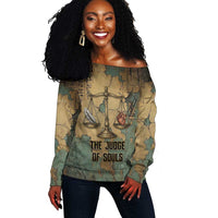 Anubis Off Shoulder Sweater Ancient Egyptian Aged Papyrus, Scales of Justice, and Egyptian Hieroglyph - Wonder Print Shop