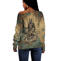 Anubis Off Shoulder Sweater Ancient Egyptian Aged Papyrus, Scales of Justice, and Egyptian Hieroglyph - Wonder Print Shop