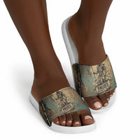 Anubis Slide Sandals Ancient Egyptian Aged Papyrus, Scales of Justice, and Egyptian Hieroglyph - Wonder Print Shop