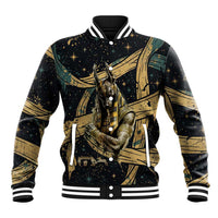 Anubis Ancient Egyptian Baseball Jacket with Starry Mummy Wrap Pattern, Anubis Warrior Illustration, and Pyramid - Wonder Print Shop