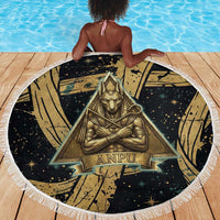Anubis Ancient Egyptian Beach Blanket with Starry Mummy Wrap Pattern, Anubis Warrior Illustration, and Pyramid - Wonder Print Shop