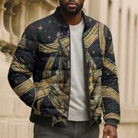 Anubis Ancient Egyptian Bomber Puffer Jacket with Starry Mummy Wrap Pattern, Anubis Warrior Illustration, and Pyramid - Wonder Print Shop