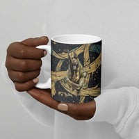 Anubis Ancient Egyptian Ceramic Mug with Starry Mummy Wrap Pattern, Anubis Warrior Illustration, and Pyramid - Wonder Print Shop