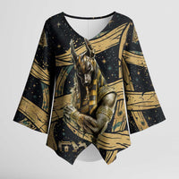 Anubis Ancient Egyptian Kimono Sleeve Blouse with Starry Mummy Wrap Pattern, Anubis Warrior Illustration, and Pyramid - Wonder Print Shop