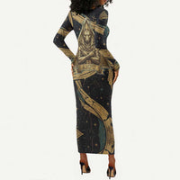 Anubis Ancient Egyptian Long Sleeve Bodycon Dress with Starry Mummy Wrap Pattern, Anubis Warrior Illustration, and Pyramid - Wonder Print Shop
