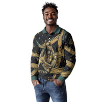 Anubis Ancient Egyptian Long Sleeve Polo Shirt with Starry Mummy Wrap Pattern, Anubis Warrior Illustration, and Pyramid - Wonder Print Shop