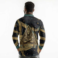 Anubis Ancient Egyptian Long Sleeve Polo Shirt with Starry Mummy Wrap Pattern, Anubis Warrior Illustration, and Pyramid - Wonder Print Shop