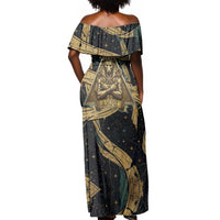 Anubis Ancient Egyptian Off Shoulder Maxi Dress with Starry Mummy Wrap Pattern, Anubis Warrior Illustration, and Pyramid - Wonder Print Shop