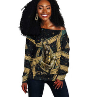 Anubis Ancient Egyptian Off Shoulder Sweater with Starry Mummy Wrap Pattern, Anubis Warrior Illustration, and Pyramid - Wonder Print Shop
