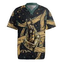 Anubis Ancient Egyptian Rugby Jersey with Starry Mummy Wrap Pattern, Anubis Warrior Illustration, and Pyramid - Wonder Print Shop