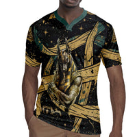 Anubis Ancient Egyptian Rugby Jersey with Starry Mummy Wrap Pattern, Anubis Warrior Illustration, and Pyramid - Wonder Print Shop