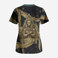 Anubis Ancient Egyptian Scrub Top with Starry Mummy Wrap Pattern, Anubis Warrior Illustration, and Pyramid - Wonder Print Shop