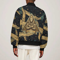 Anubis Ancient Egyptian Sleeve Zip Bomber Jacket with Starry Mummy Wrap Pattern, Anubis Warrior Illustration, and Pyramid - Wonder Print Shop