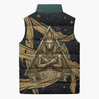 Anubis Ancient Egyptian Sleeveless Puffer Jacket with Starry Mummy Wrap Pattern, Anubis Warrior Illustration, and Pyramid - Wonder Print Shop