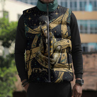 Anubis Ancient Egyptian Sleeveless Puffer Jacket with Starry Mummy Wrap Pattern, Anubis Warrior Illustration, and Pyramid - Wonder Print Shop