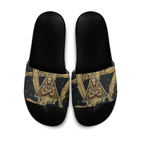 Anubis Ancient Egyptian Slide Sandals with Starry Mummy Wrap Pattern, Anubis Warrior Illustration, and Pyramid - Wonder Print Shop