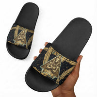 Anubis Ancient Egyptian Slide Sandals with Starry Mummy Wrap Pattern, Anubis Warrior Illustration, and Pyramid - Wonder Print Shop