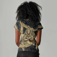Anubis Ancient Egyptian Women V-Neck T-Shirt with Starry Mummy Wrap Pattern, Anubis Warrior Illustration, and Pyramid - Wonder Print Shop