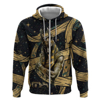 Anubis Ancient Egyptian Zip Hoodie with Starry Mummy Wrap Pattern, Anubis Warrior Illustration, and Pyramid - Wonder Print Shop