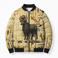 Apis Bomber Puffer Jacket Ancient Egyptian Papyrus Map, Egyptian Crown Bull Illustration - Wonder Print Shop