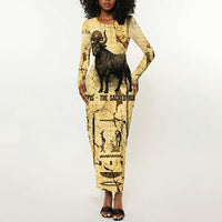 Apis Long Sleeve Bodycon Dress Ancient Egyptian Papyrus Map, Egyptian Crown Bull Illustration - Wonder Print Shop