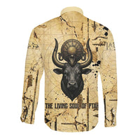 Apis Long Sleeve Button Shirt Ancient Egyptian Papyrus Map, Egyptian Crown Bull Illustration - Wonder Print Shop