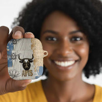 Apis Ancient Egyptian AirPods Case with Beige-Gray Hieroglyphic, Ornate Bull Head, and Gold-Blue Typography - Wonder Print Shop