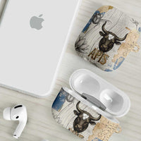 Apis Ancient Egyptian AirPods Case with Beige-Gray Hieroglyphic, Ornate Bull Head, and Gold-Blue Typography - Wonder Print Shop