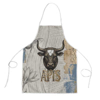 Apis Ancient Egyptian Apron with Beige-Gray Hieroglyphic, Ornate Bull Head, and Gold-Blue Typography - Wonder Print Shop