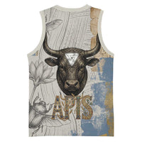Apis Ancient Egyptian Basketball Jersey with Beige-Gray Hieroglyphic, Ornate Bull Head, and Gold-Blue Typography - Wonder Print Shop