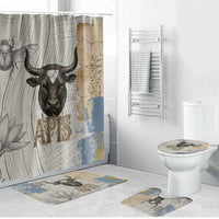 Apis Ancient Egyptian Bathroom Set with Beige-Gray Hieroglyphic, Ornate Bull Head, and Gold-Blue Typography - Wonder Print Shop
