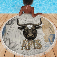 Apis Ancient Egyptian Beach Blanket with Beige-Gray Hieroglyphic, Ornate Bull Head, and Gold-Blue Typography - Wonder Print Shop