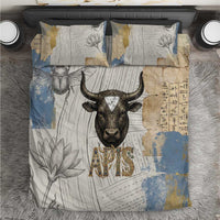 Apis Ancient Egyptian Bedding Set with Beige-Gray Hieroglyphic, Ornate Bull Head, and Gold-Blue Typography - Wonder Print Shop