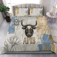Apis Ancient Egyptian Bedding Set with Beige-Gray Hieroglyphic, Ornate Bull Head, and Gold-Blue Typography - Wonder Print Shop