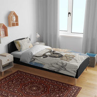 Apis Ancient Egyptian Bedding Set with Beige-Gray Hieroglyphic, Ornate Bull Head, and Gold-Blue Typography - Wonder Print Shop
