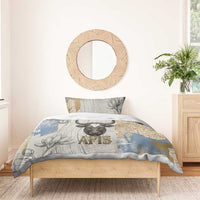 Apis Ancient Egyptian Bedding Set with Beige-Gray Hieroglyphic, Ornate Bull Head, and Gold-Blue Typography - Wonder Print Shop