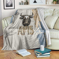 Apis Ancient Egyptian Blanket with Beige-Gray Hieroglyphic, Ornate Bull Head, and Gold-Blue Typography - Wonder Print Shop