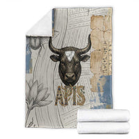 Apis Ancient Egyptian Blanket with Beige-Gray Hieroglyphic, Ornate Bull Head, and Gold-Blue Typography - Wonder Print Shop