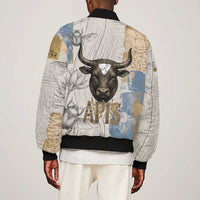 Apis Ancient Egyptian Bomber Jacket with Beige-Gray Hieroglyphic, Ornate Bull Head, and Gold-Blue Typography - Wonder Print Shop