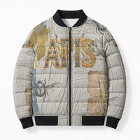 Apis Ancient Egyptian Bomber Puffer Jacket with Beige-Gray Hieroglyphic, Ornate Bull Head, and Gold-Blue Typography - Wonder Print Shop