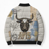Apis Ancient Egyptian Bomber Puffer Jacket with Beige-Gray Hieroglyphic, Ornate Bull Head, and Gold-Blue Typography - Wonder Print Shop